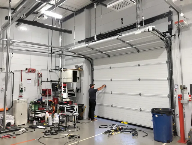 West Warwick Garage Door Repair certified technician performing commercial door repair at a West Warwick business facility