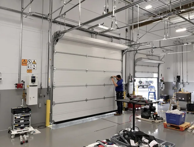 Commercial garage door repair being performed by West Warwick Garage Door Repair expert in West Warwick