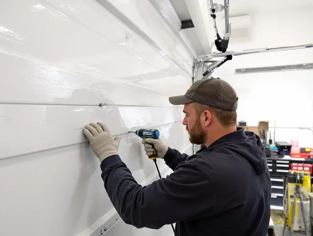 West Warwick Garage Door Repair technician demonstrating precision dent removal techniques on a West Warwick garage door