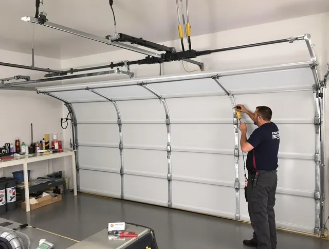 West Warwick Garage Door Repair certified technician performing overhead door system repair in West Warwick