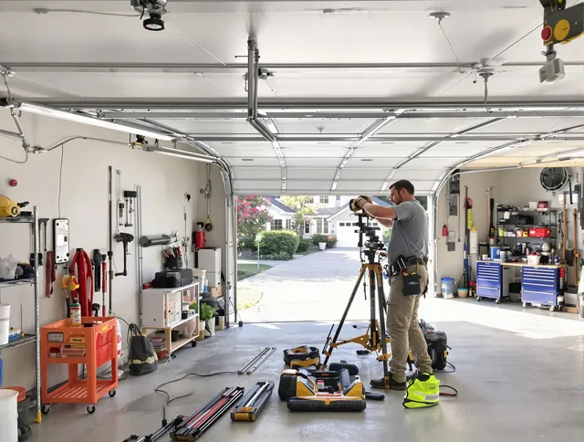 West Warwick Garage Door Repair specialist performing laser-guided track alignment in West Warwick